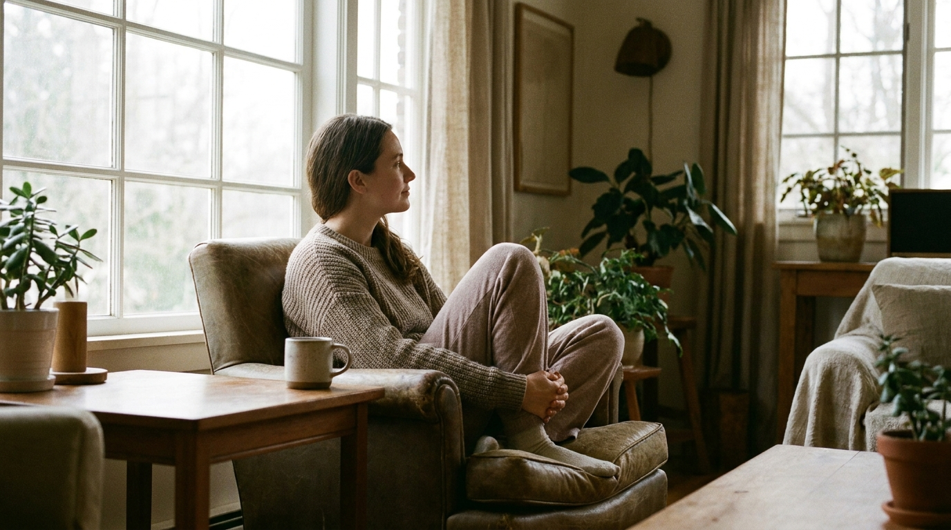 Calm young adult sitting by a bright window during recovery from Adderall addiction