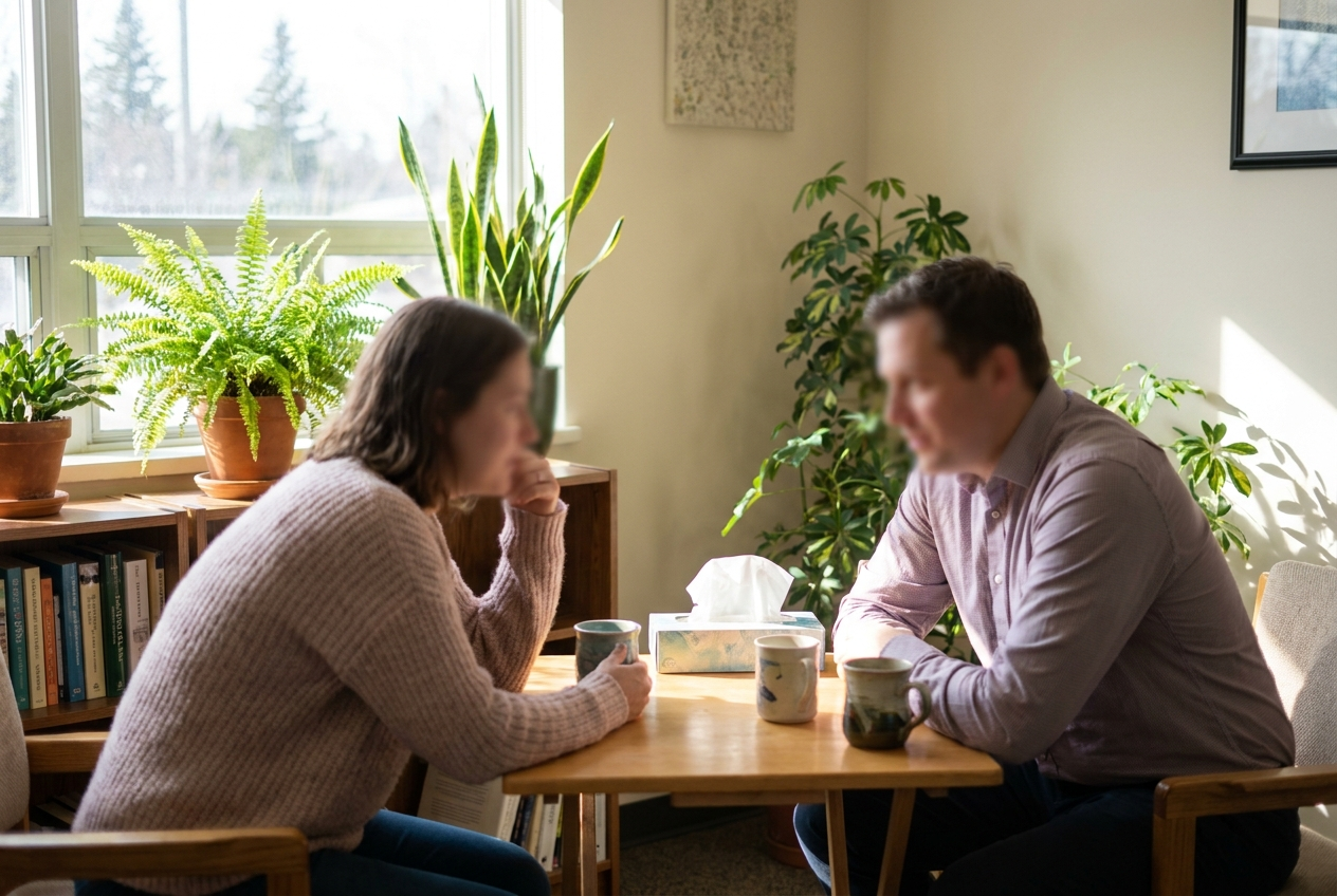 Supportive one-on-one counseling session in a bright clinic, part of a full Suboxone recovery plan
