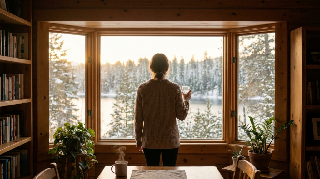 Person at a sunlit window holding a glass of water, representing hope and recovery with Suboxone treatment in Canada