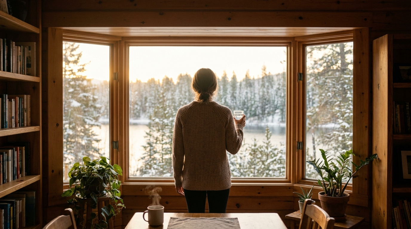 Person at a sunlit window holding a glass of water, representing hope and recovery with Suboxone treatment in Canada