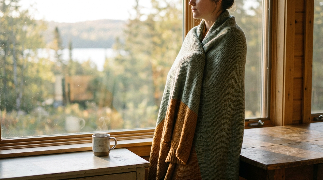 Person in recovery from fentanyl addiction looking out a window with hope in a calm Canadian home