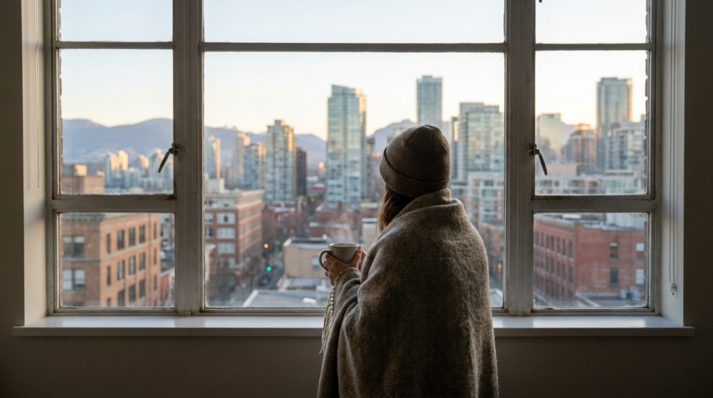 Person wrapped in a blanket looking out over a Canadian city at sunrise, symbolizing hope and recovery from fentanyl addiction