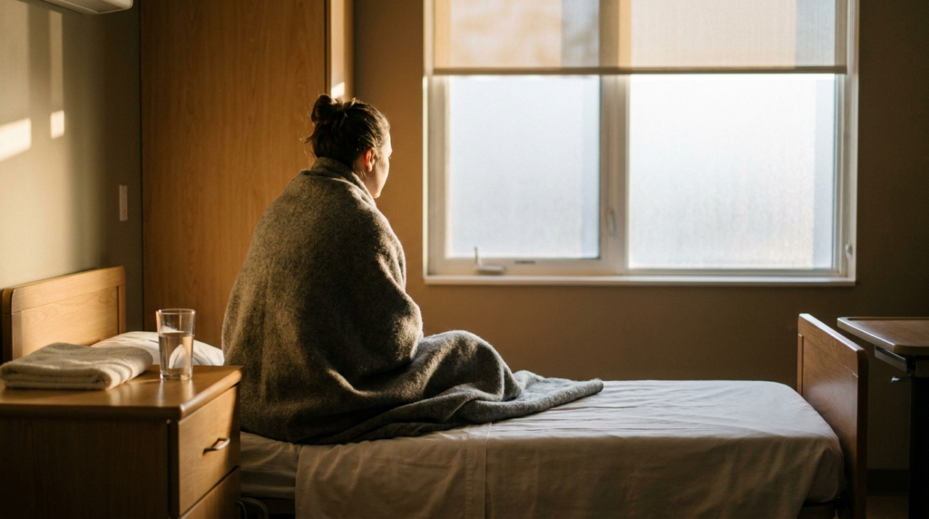 Person wrapped in a blanket sitting on a bed in a Canadian medical detox room during meth withdrawal