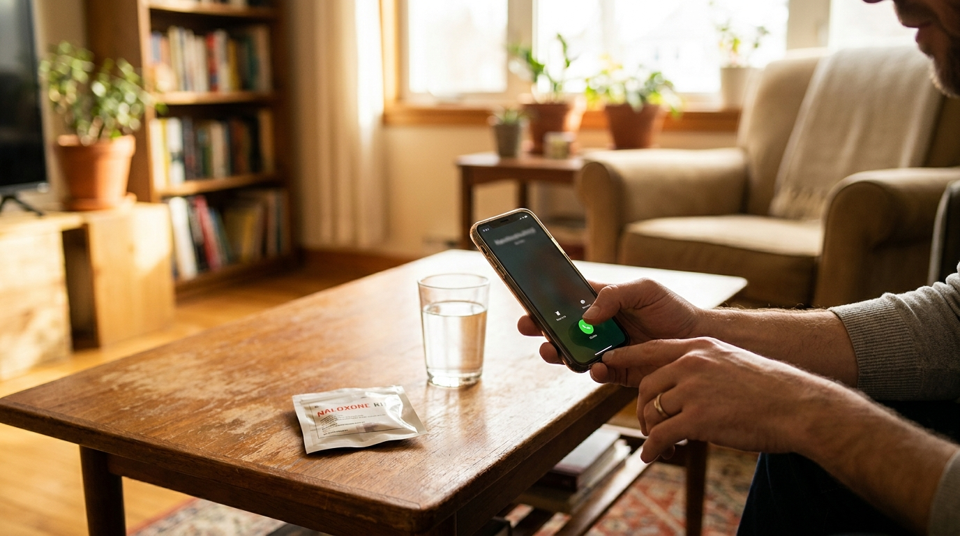 A hand holding a phone to call for fentanyl addiction help, with a naloxone kit nearby in a warm home setting in Canada
