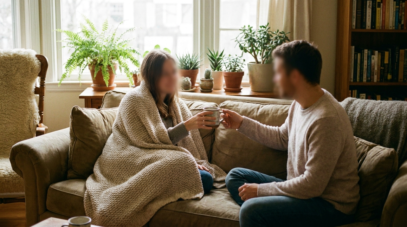 Family member bringing tea to someone recovering from methamphetamine withdrawal at home in Canada