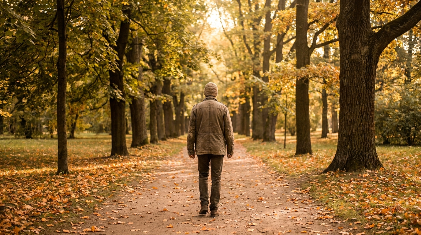 Person walking a peaceful autumn path, representing the nervous system rebalancing during benzodiazepine withdrawal