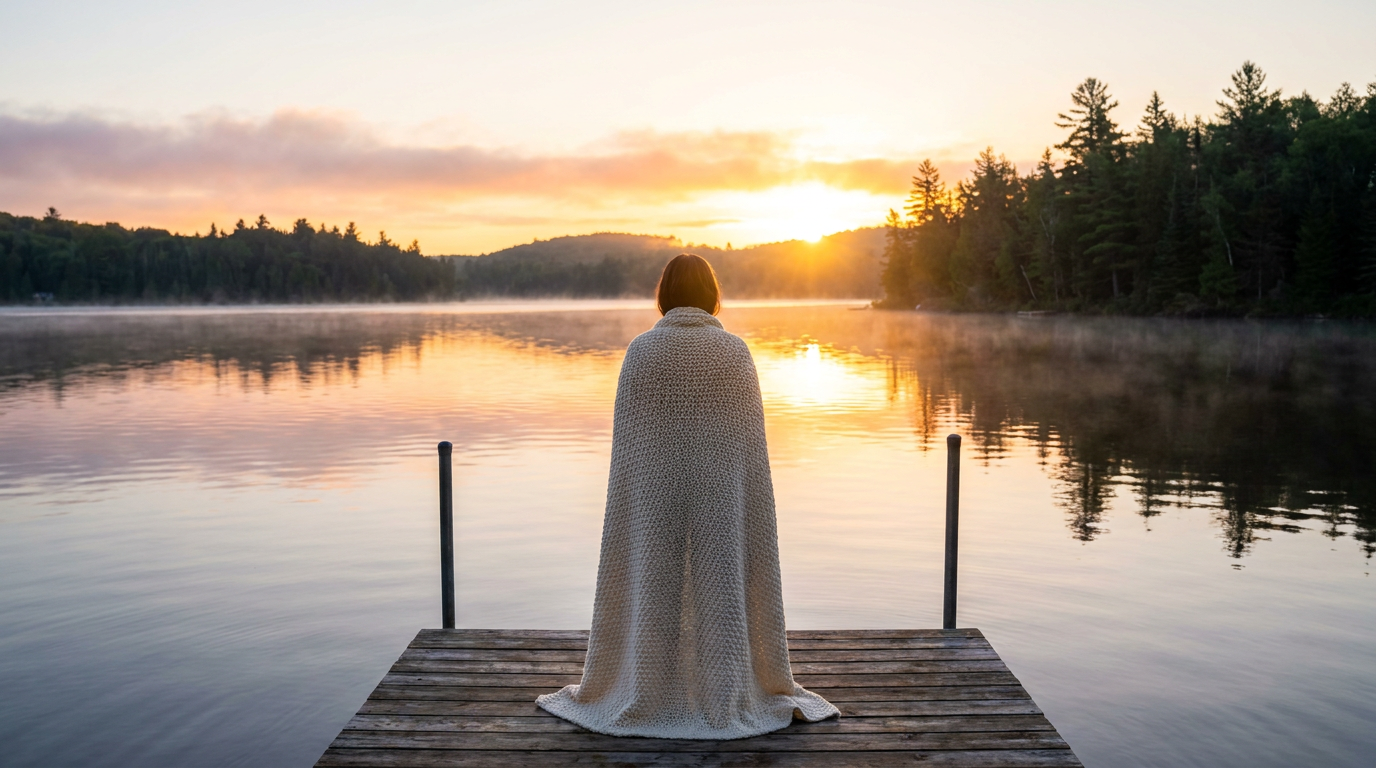 Person wrapped in a blanket at a Canadian lakeside at sunrise, symbolizing recovery from cannabis withdrawal