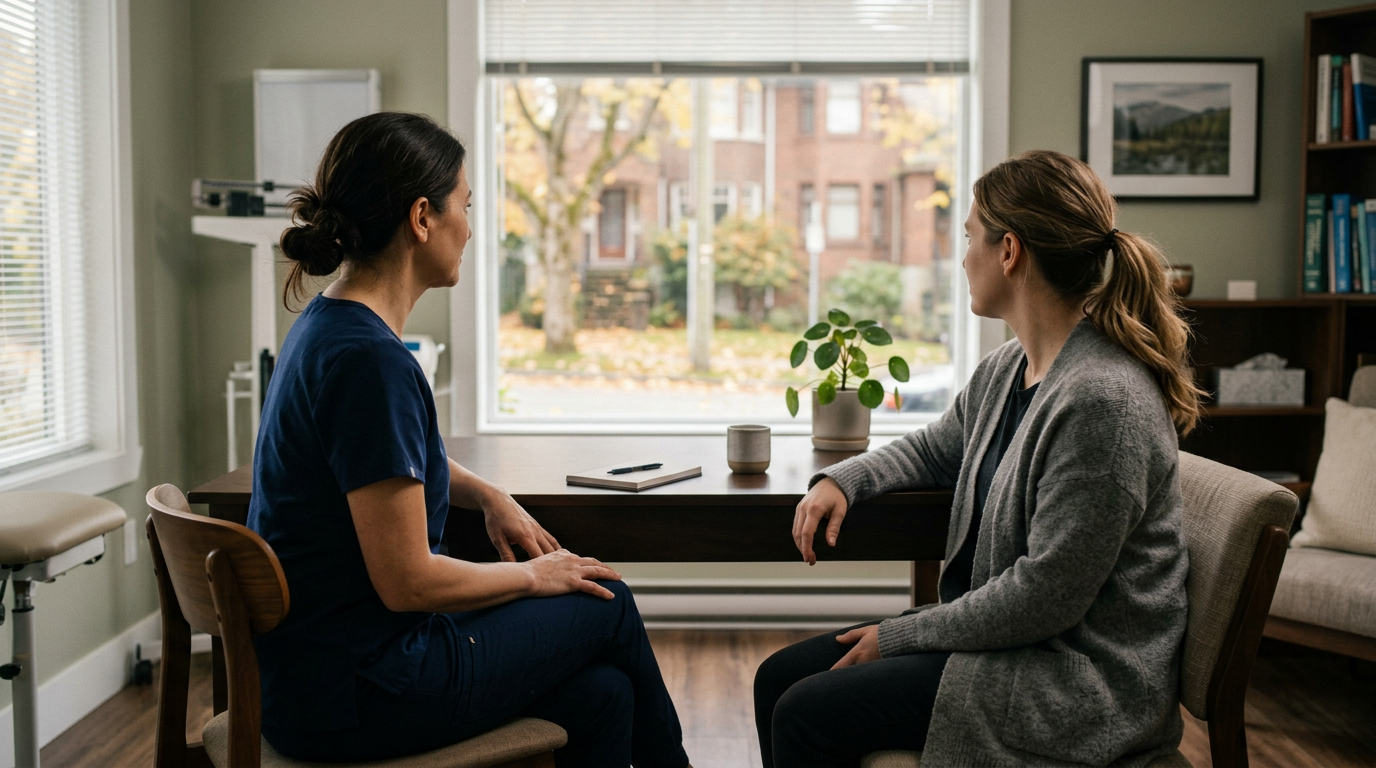 Compassionate doctor discussing gabapentin withdrawal and a safe taper plan with a patient in a Canadian clinic
