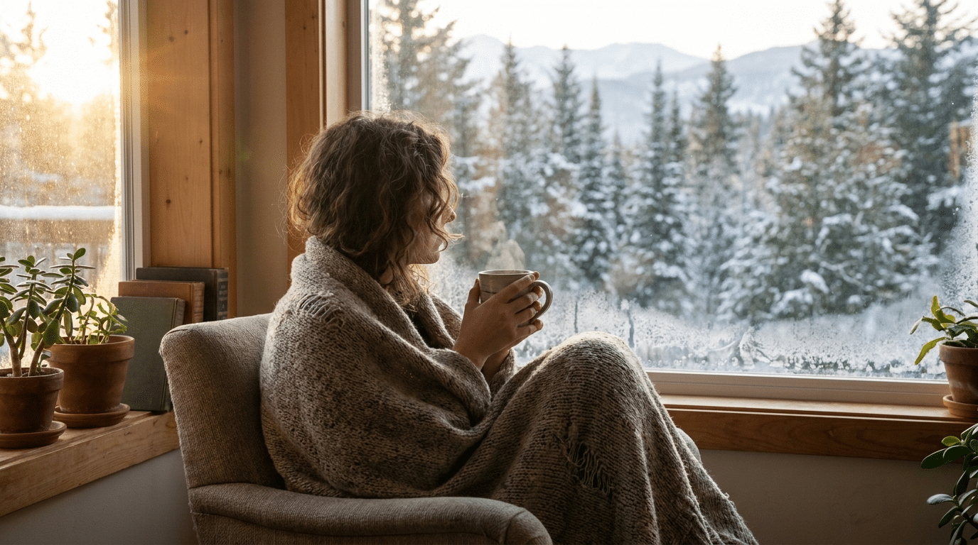 Person in recovery from kratom addiction sitting hopefully by a window at sunrise in Canada