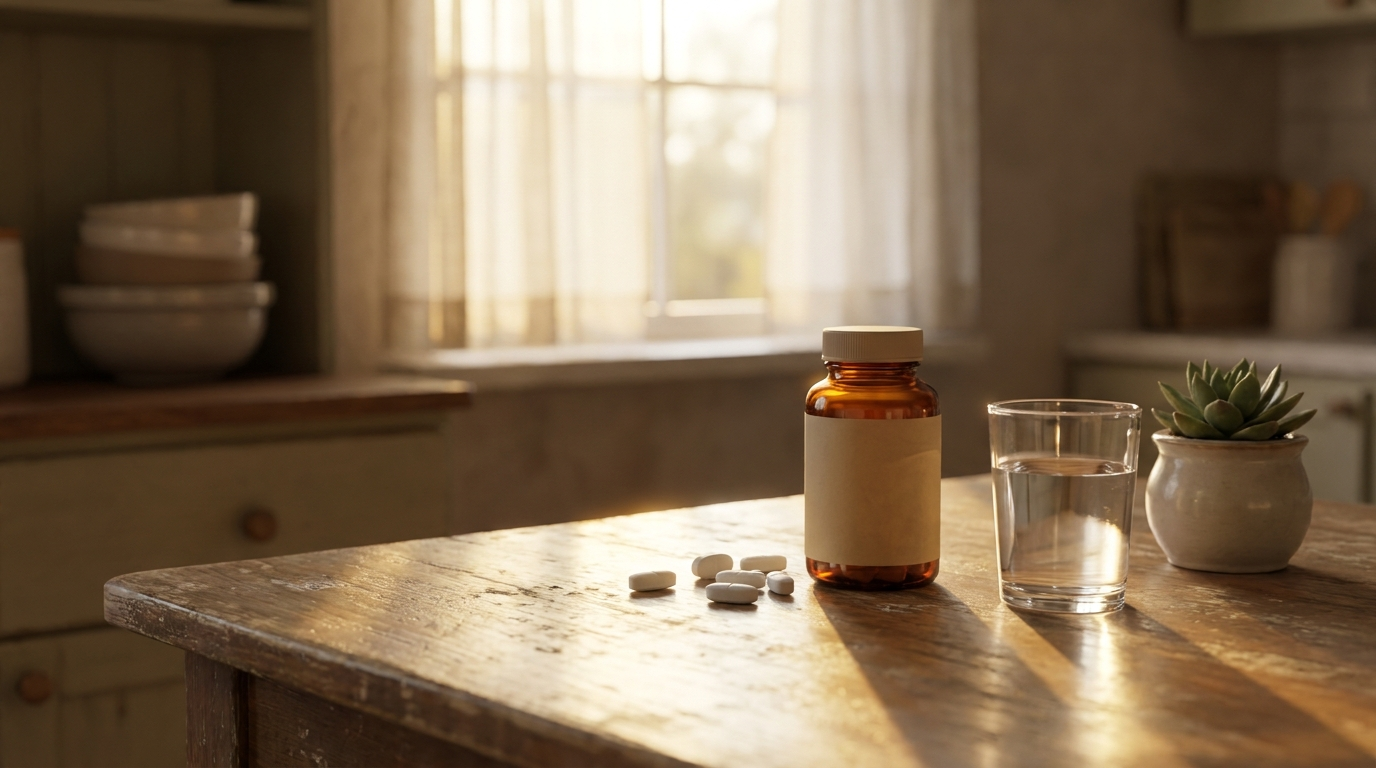 Amber prescription bottle and white tramadol tablets on a table symbolizing tramadol addiction recovery in Canada